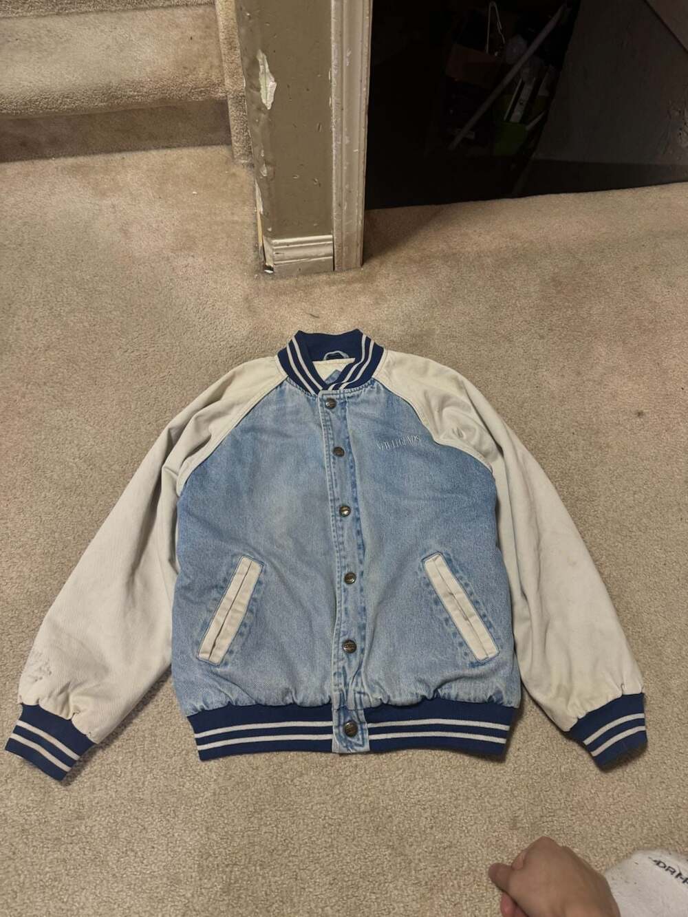 Vintage 90s New Legends TwoTone Denim Varsity Bomber Jacket Youth XL, Mens Small